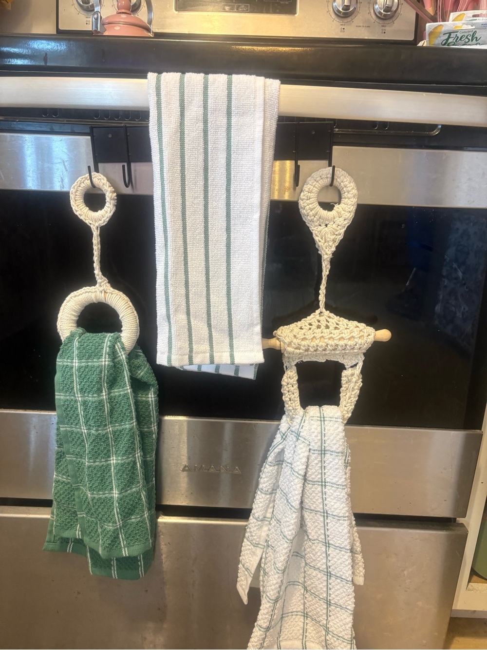 NWOT 2 Macrame Kitchen Towel Holders & 3 Hand Towels